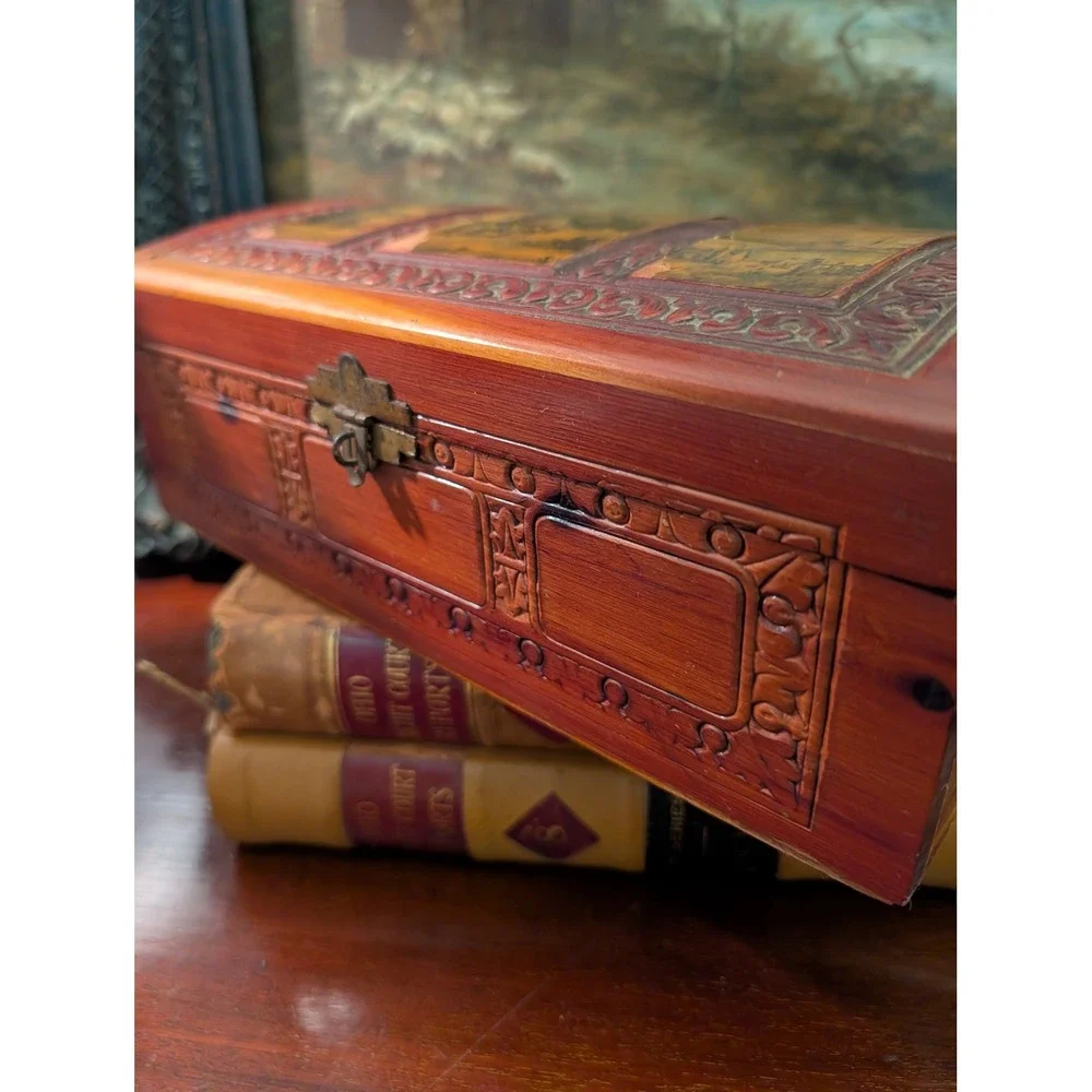 Vintage Carved Cedar Wood Jewelry Box Pastoral Landscape Mirror Trinket Chest